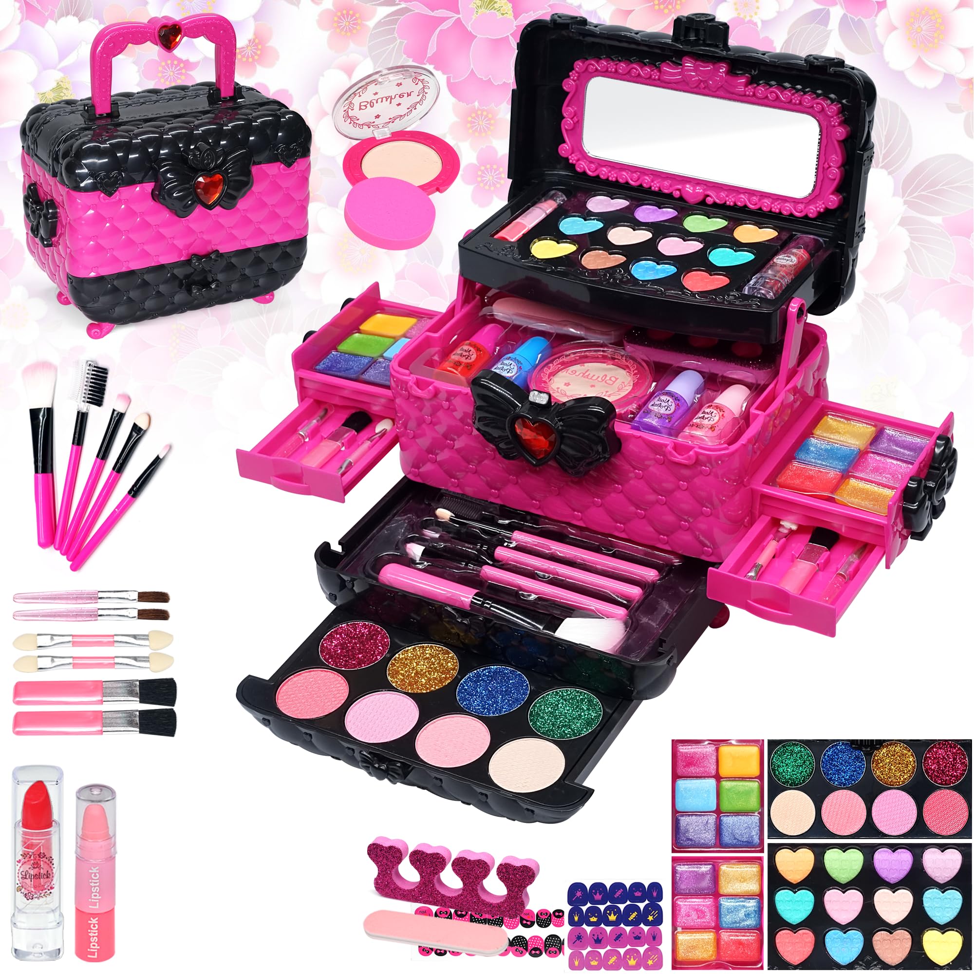 Mrabbitoo Rose 57-piece makeup set enables imaginative play with safe, washable colors.