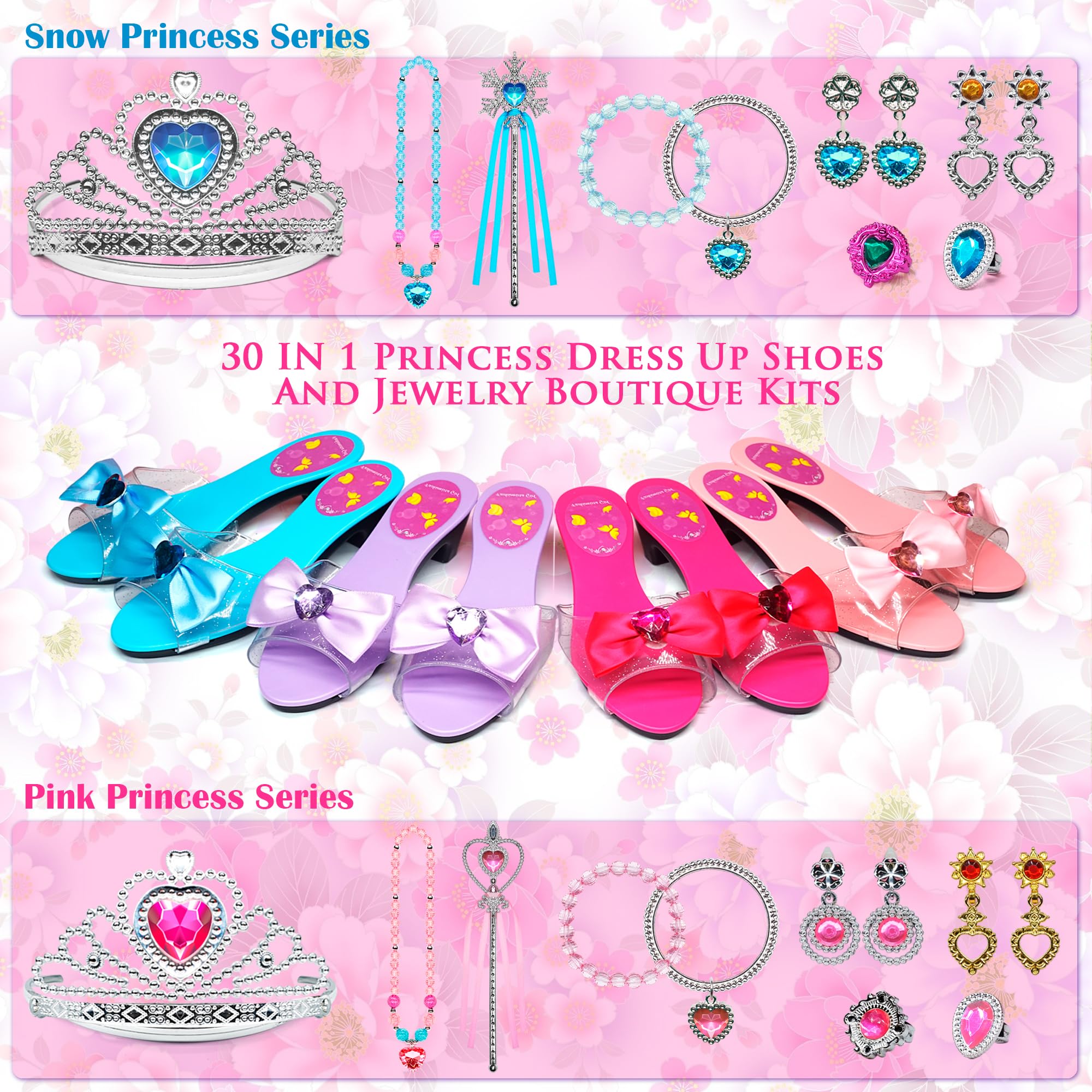 Mrabbitoo princess dress-up shoes display featuring colorful heels for pretend outfits.