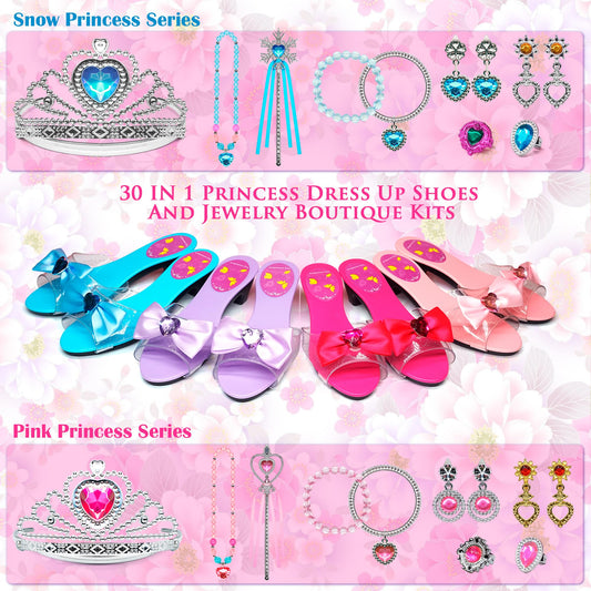 Mrabbitoo princess dress-up shoes display featuring colorful heels for pretend outfits.