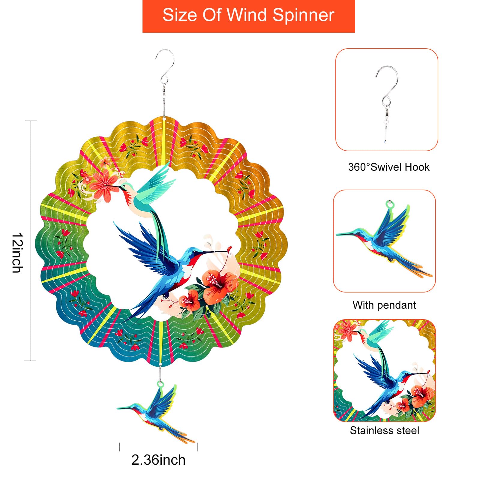MRHEPHAESTUS hummingbird wind spinner with colorful coating reflects sunlight