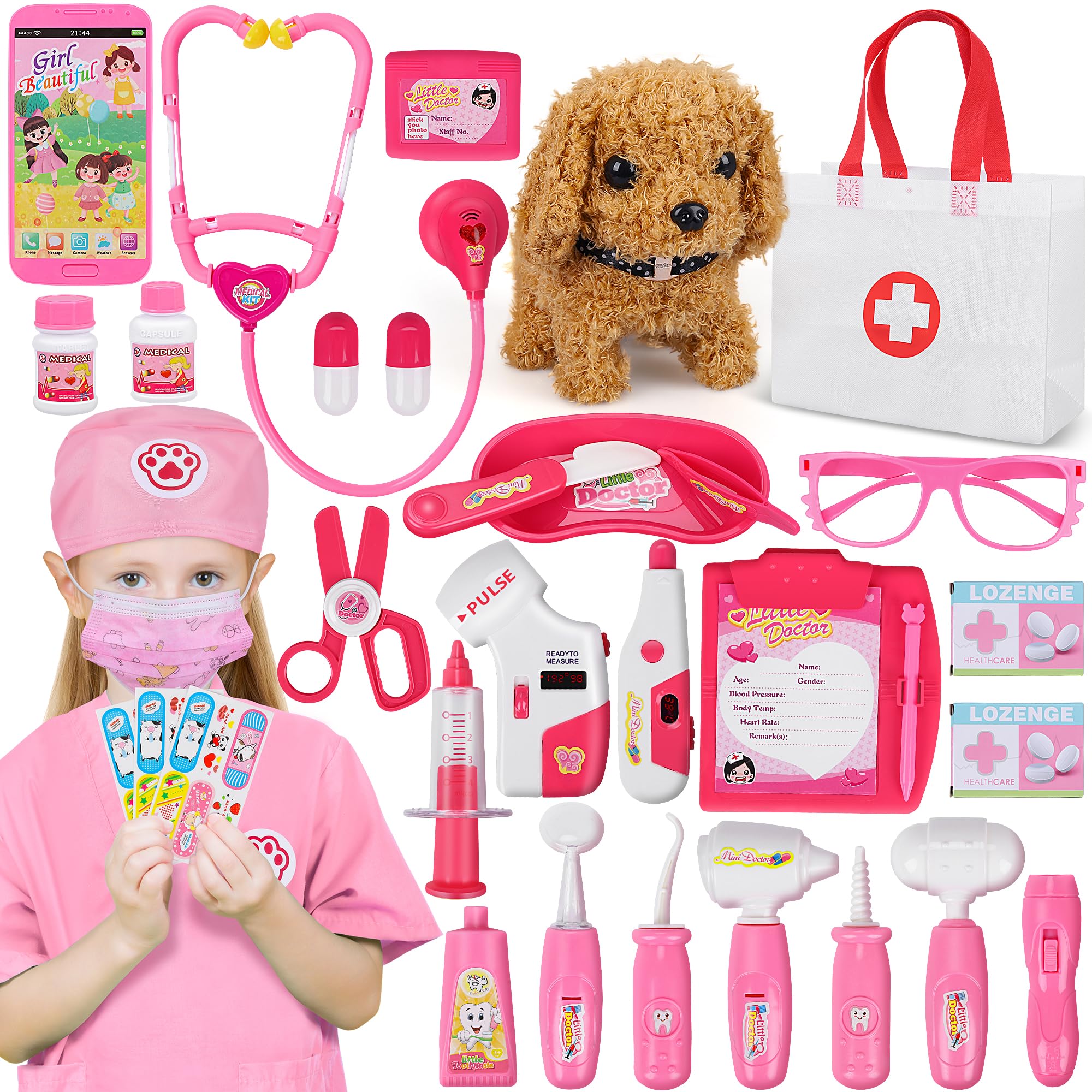 MR.TN 33Pcs Pet Doctor Kit with fluffy dog toy for imaginative, pet care play
