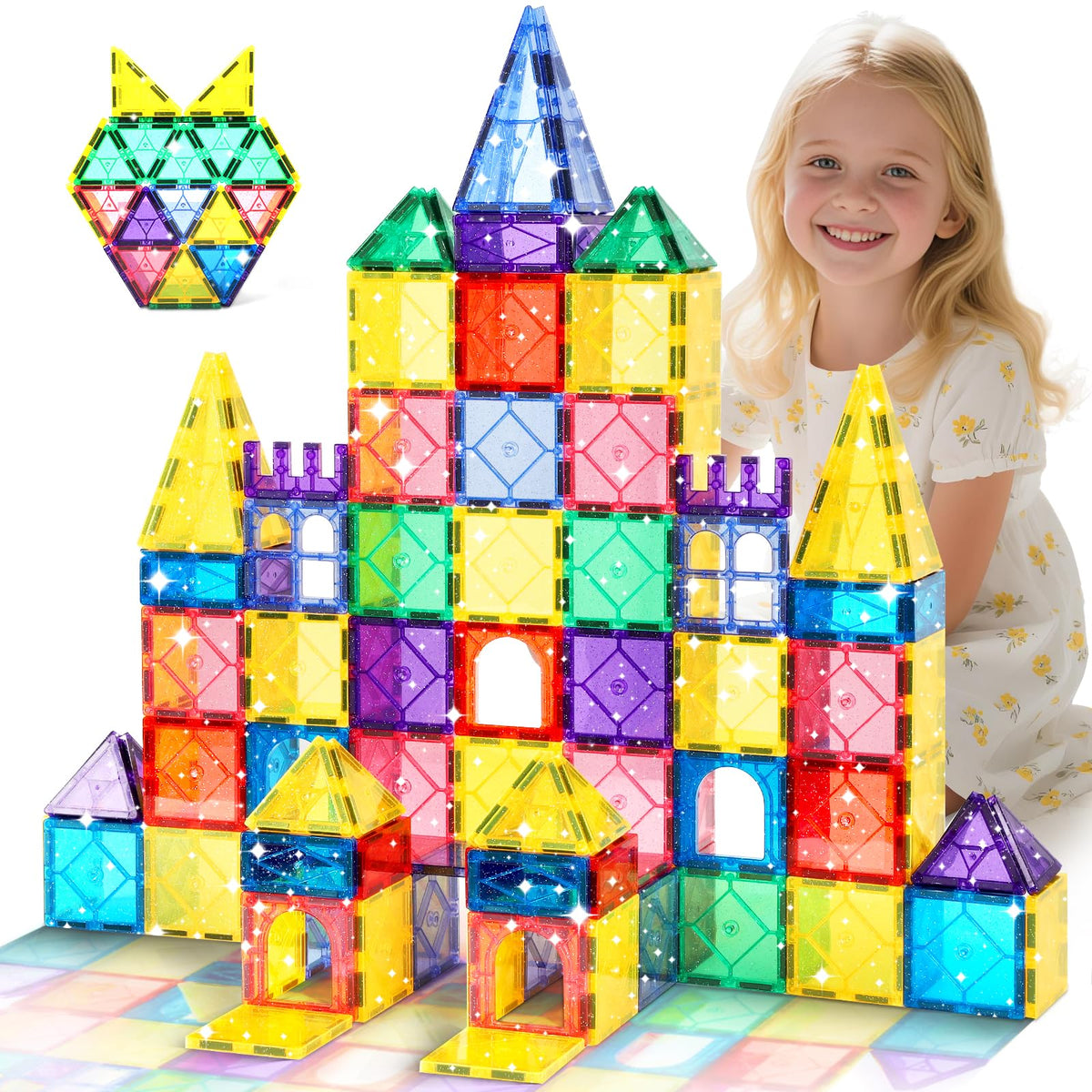 Mruikeny 100-pcs magnetic tiles set inspires creative STEM play.