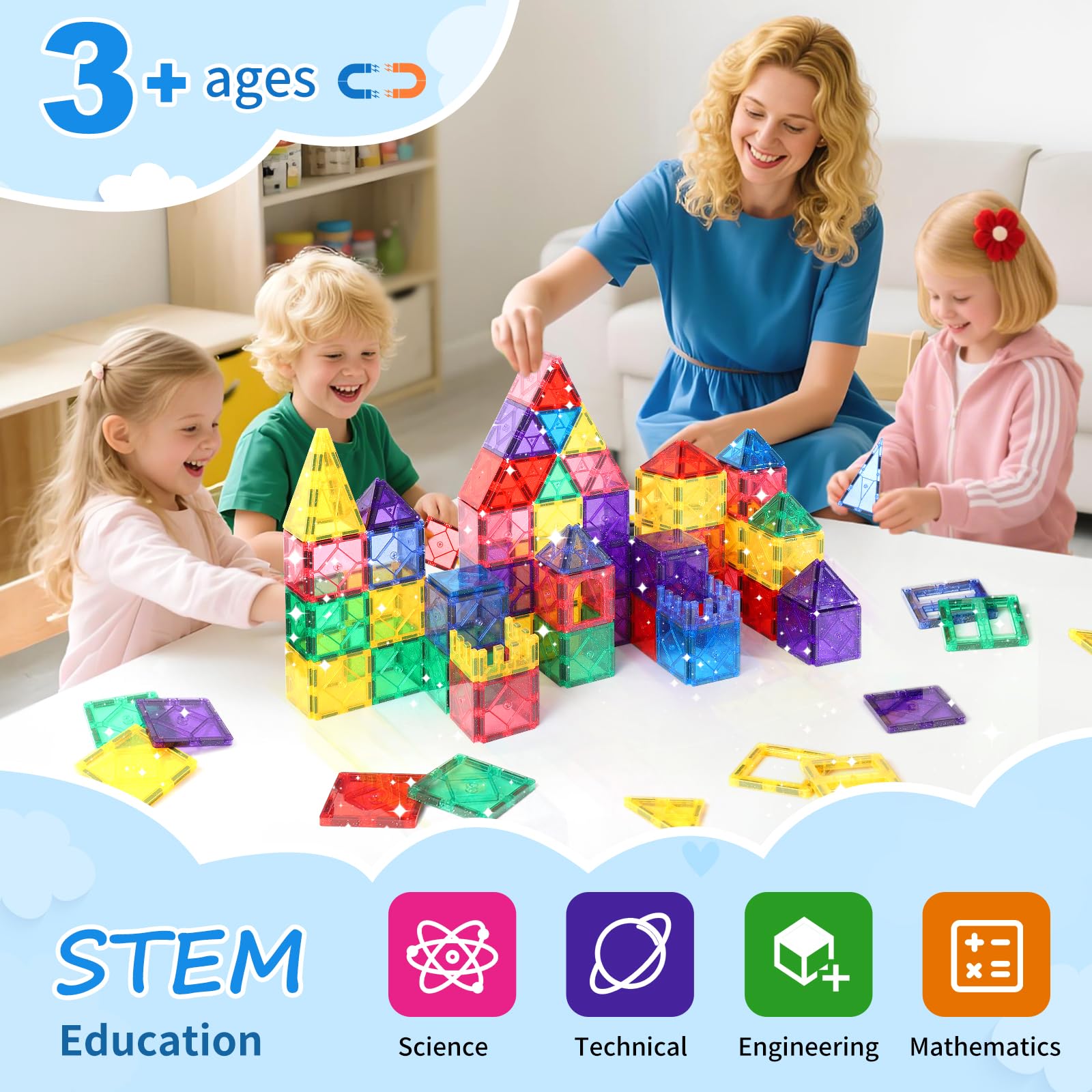 Mruikeny glitter magnetic tiles sparkle during imaginative castle builds.