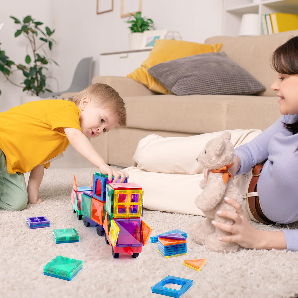Mruikeny magnetic tiles cars family building session promotes teamwork.