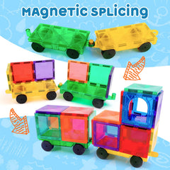Mruikeny magnetic tiles cars assembled train for cooperative pretend play.