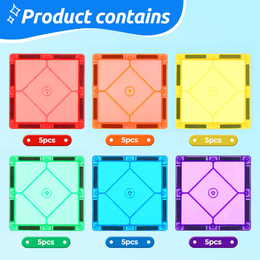 Mruikeny magnetic tiles with strong magnets for easy stacking and creative designs.