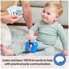 Toddler using Ms. Rachel reader with cards, promotes listening and word association
