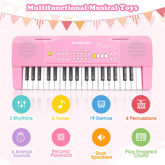 M SANMERSEN toy piano pink keyboard close-up highlighting wood-grain keys for a real feel.