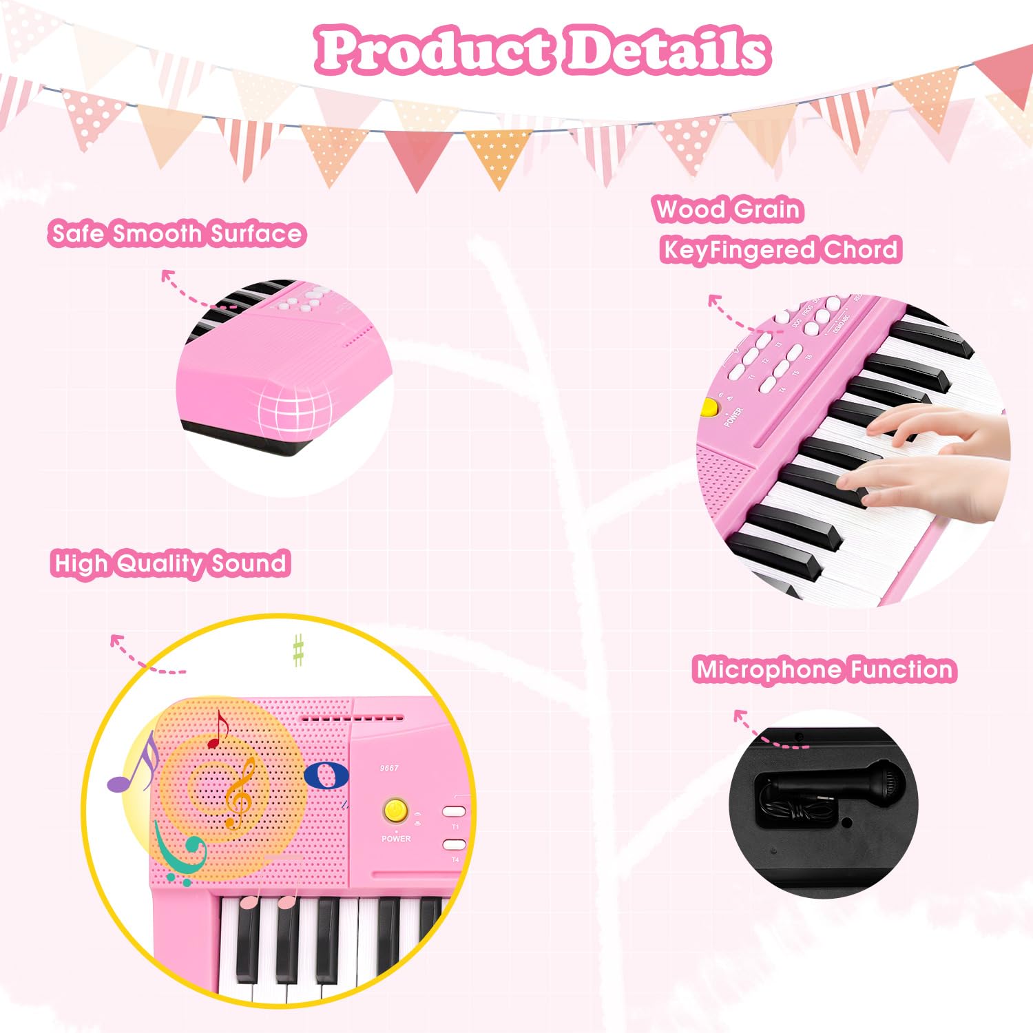 M SANMERSEN toy piano pink control panel with volume and tempo options for varied play.