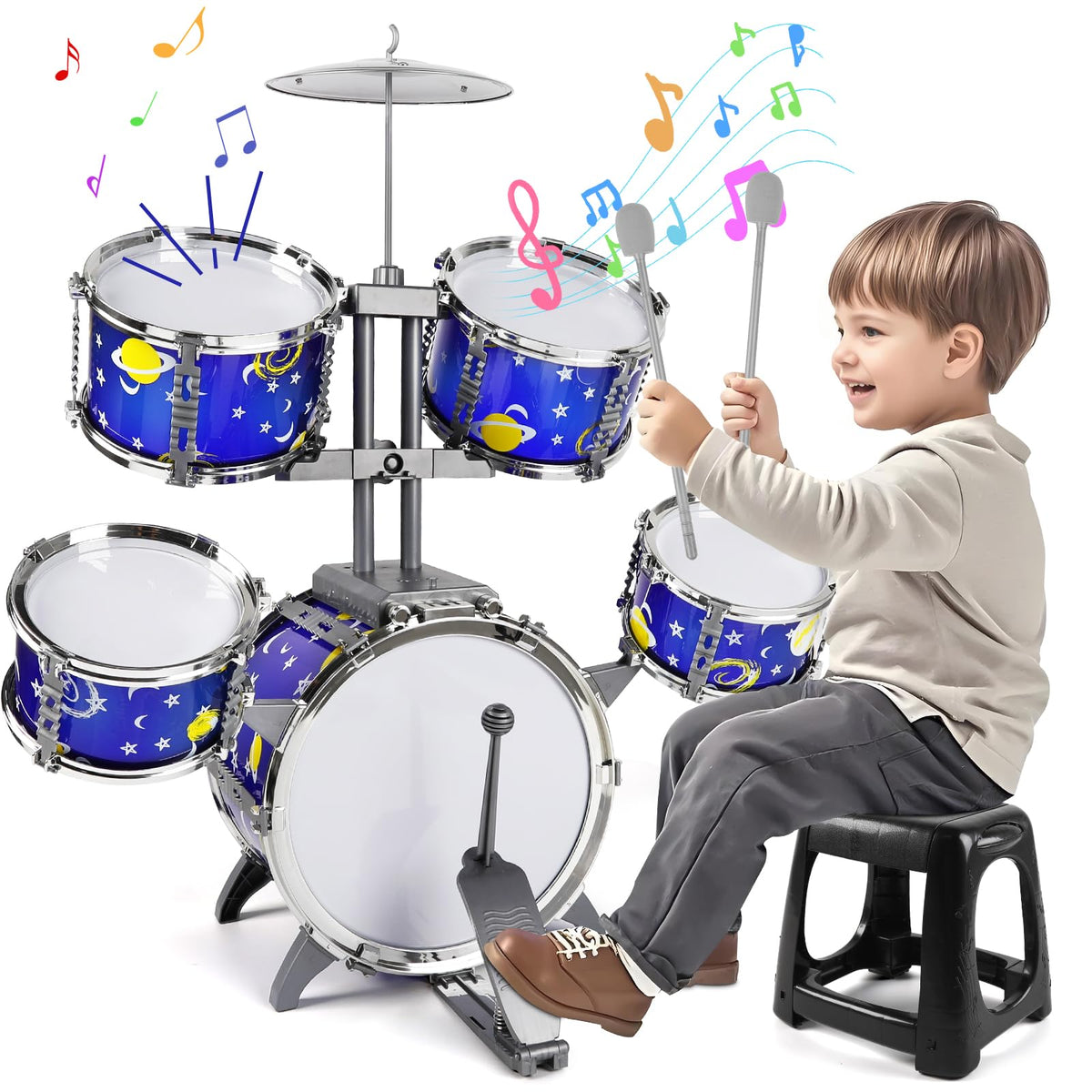 M SANMERSEN Upgraded Kids Jazz Drum Set shows colorful drums for creative play.