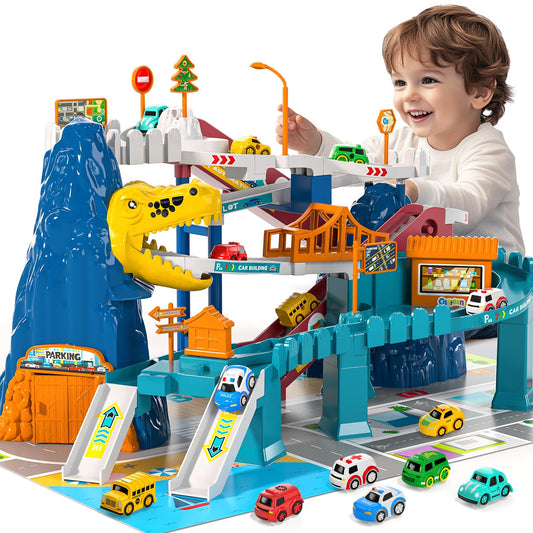 MSKOLER dinosaur race track set energizes toddler imaginative play with colorful tracks.