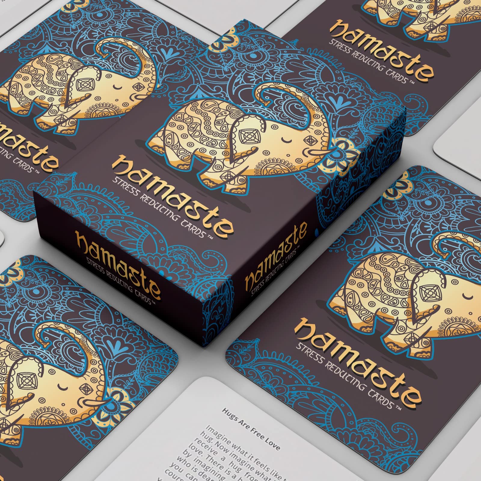 Namaste Mindfulness Cards at desk with prompts to reset during work.