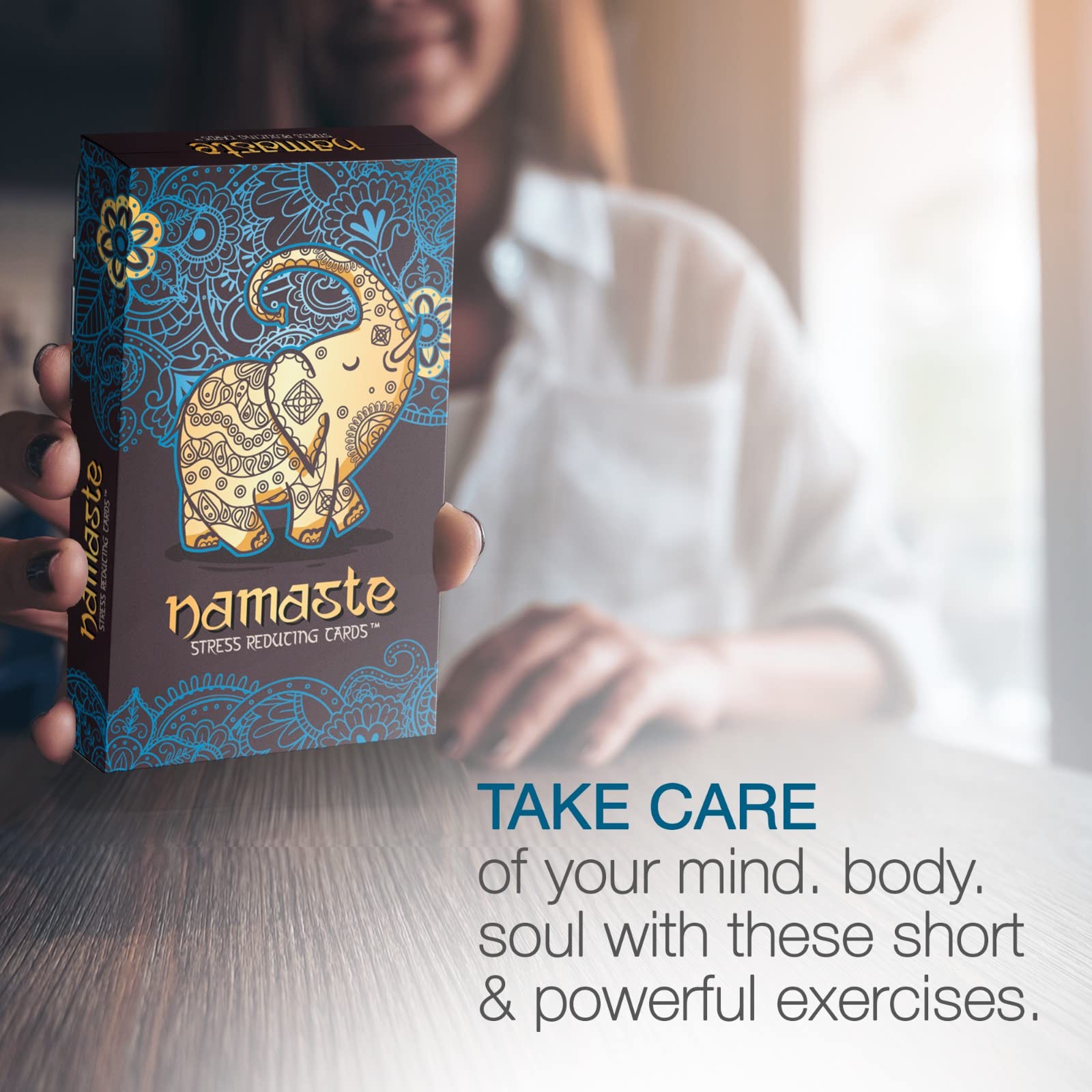 Namaste Mindfulness Cards in hand by MSS Inc for on-the-go relaxation.