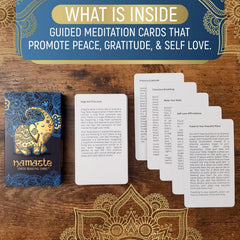 MSS Inc Namaste Mindfulness Cards on tea break for calm focus.