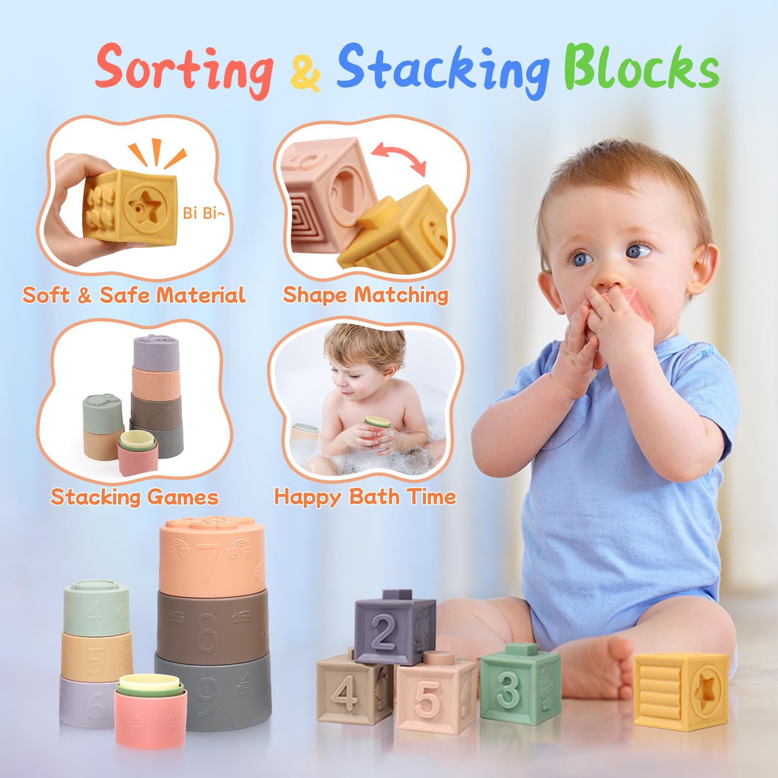 MTTIERY stacking cups encourage gripping, stacking, and early counting ideas.