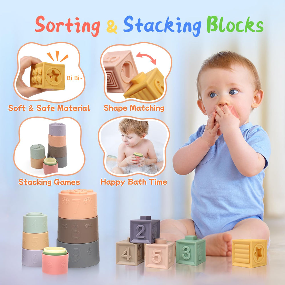 MTTIERY stacking cups encourage gripping, stacking, and early counting ideas.