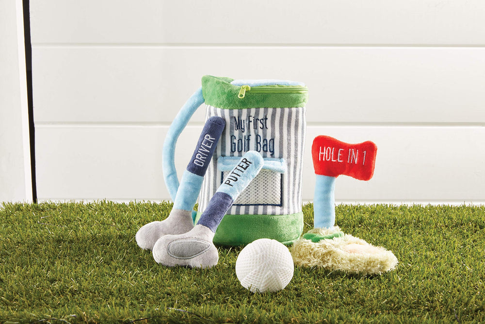 Mud Pie golf ball plush offers tactile fun with crinkle and rattle for interactive play.