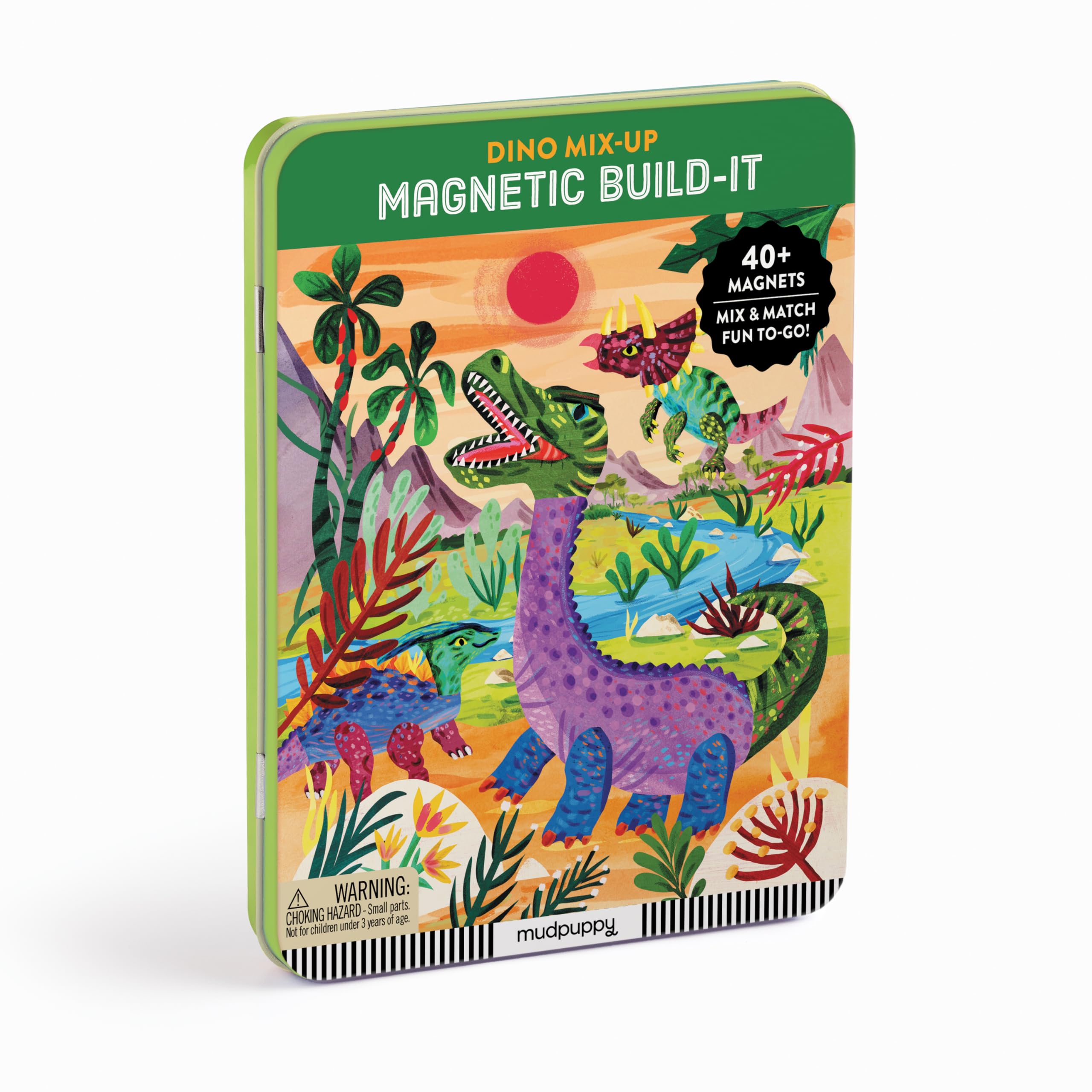 Mudpuppy Dino Mix-Up background scene 1 magnet setup promotes portable, imaginative play.