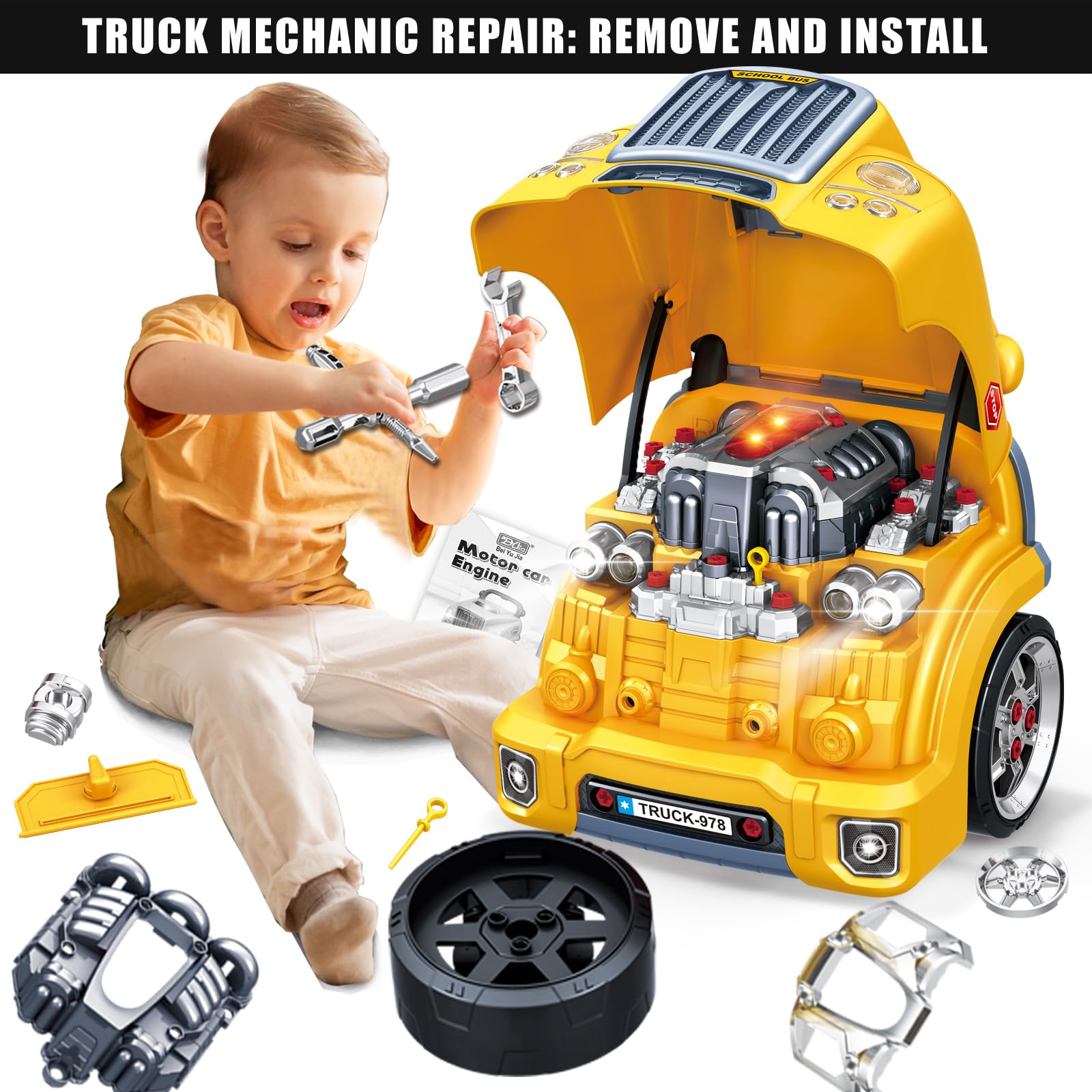MUGEYMYD large-truck-engine-toy open engine compartment promotes hands-on exploration.