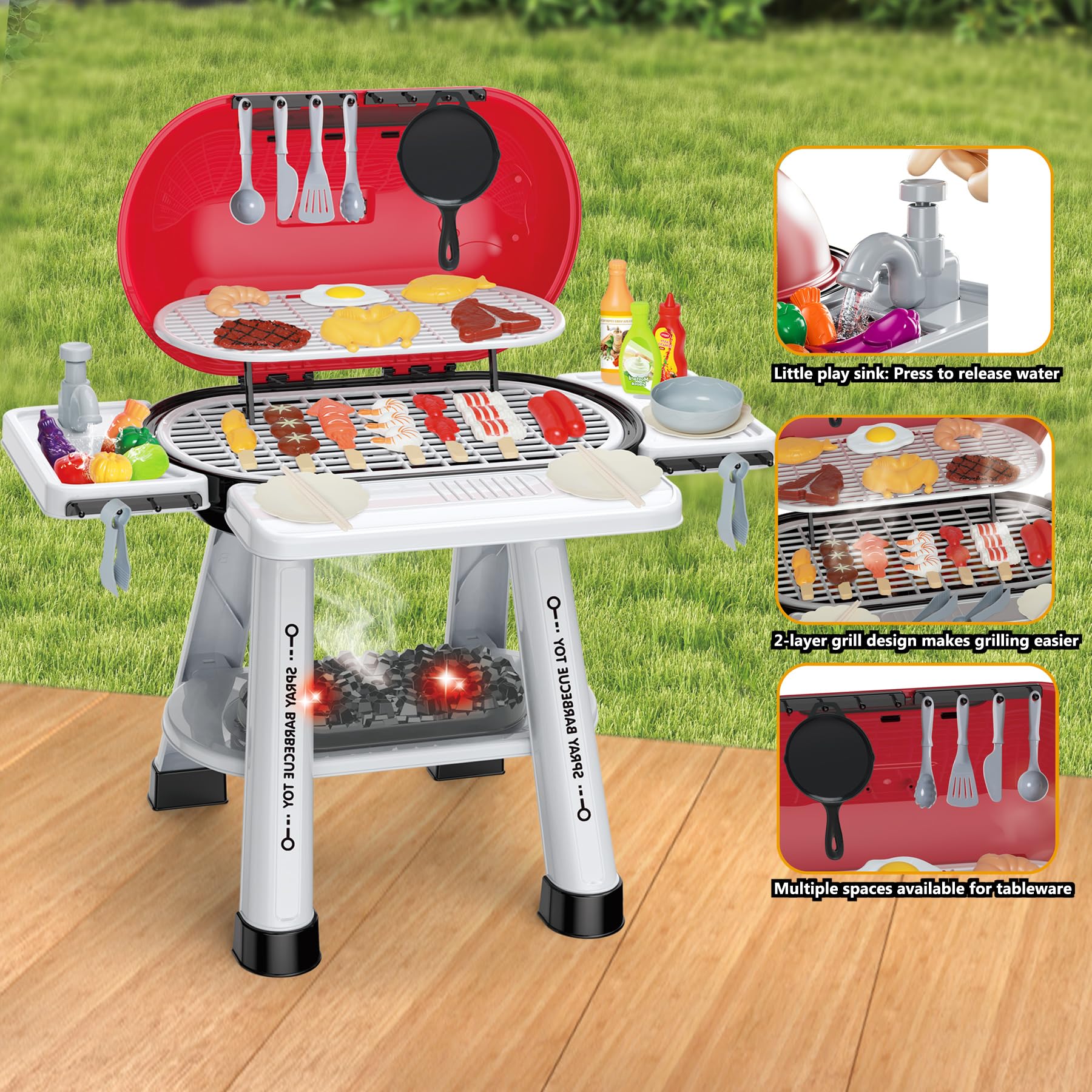 MUGEYMYD 74-piece barbecue collection fuels creative pretend feasts.