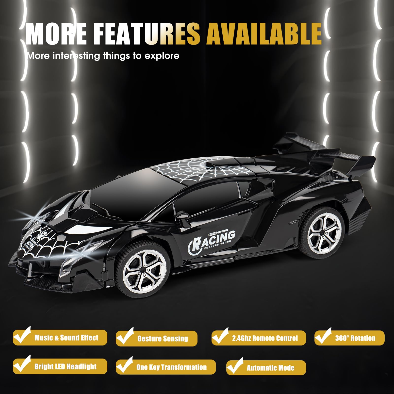 MUISHUYU spider car LED effects light up nighttime explorations.
