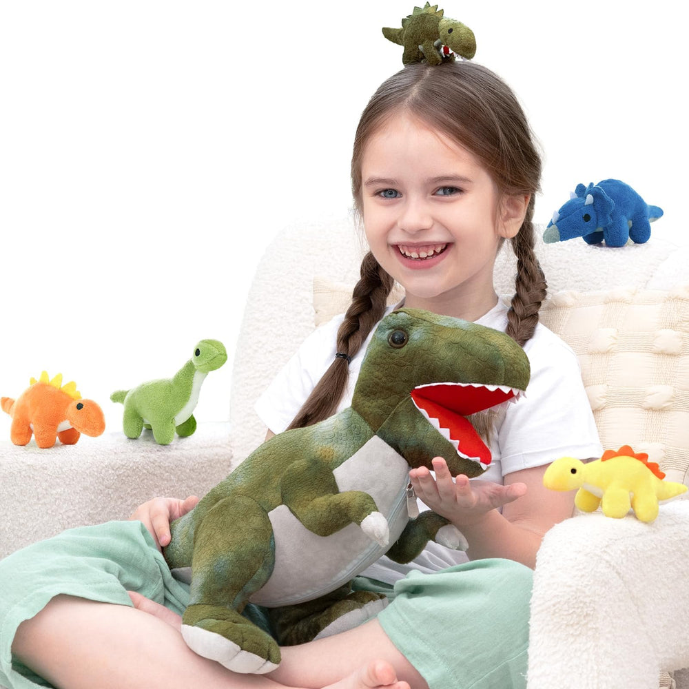 Muiteiur mom T-Rex plush with belly open for baby dinos, ideal for imaginative play