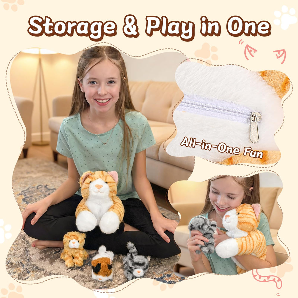 Muiteiur zipper-pouch kittens reveal for imaginative play.