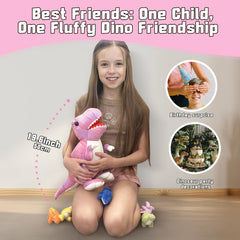 Muiteiur pink dinosaur babies tucked inside tummy pouch for on-the-go play.