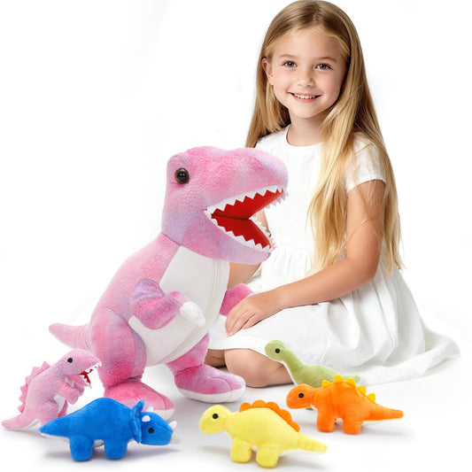 Muiteiur pink dinosaur mommy with zippered belly holds five baby dinos for imaginative play.
