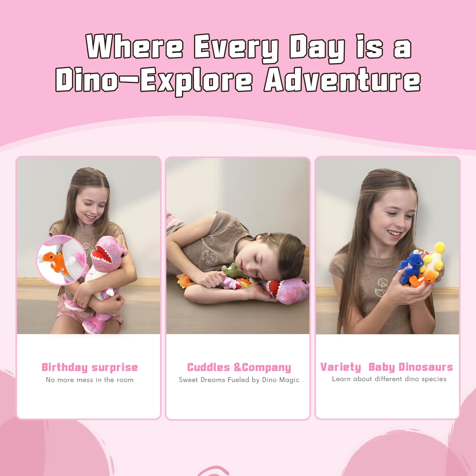 Muiteiur pink dinosaur zipper belly detail showing secure baby dinos storage.
