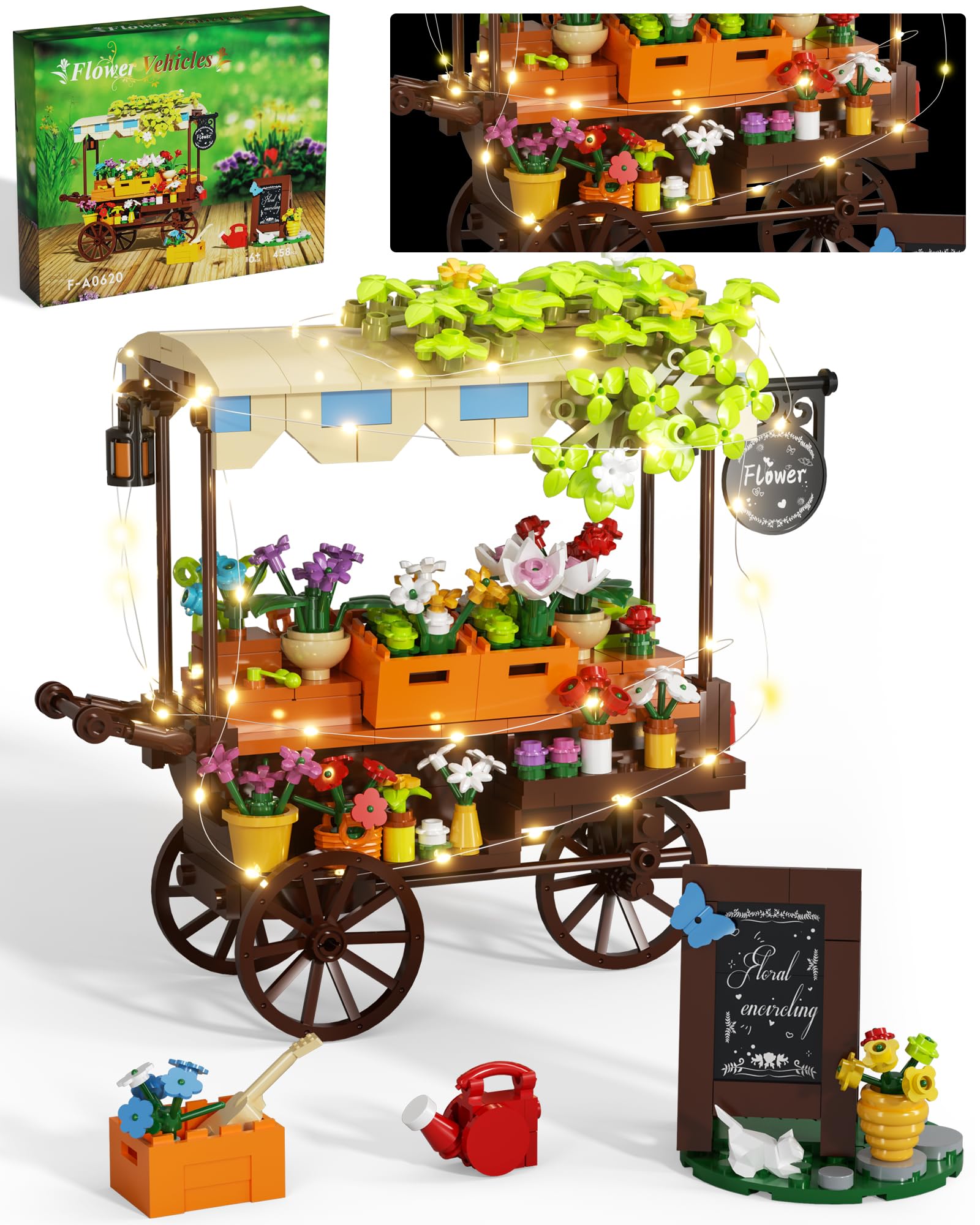 Muiurple Flower Cart Building Set with LED strips glows for night-time display and play.