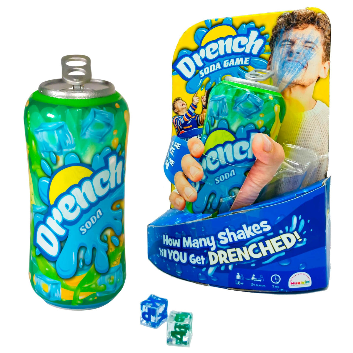 MUKIKIM Drench Soda Game: dice and can ready for family play and suspense.