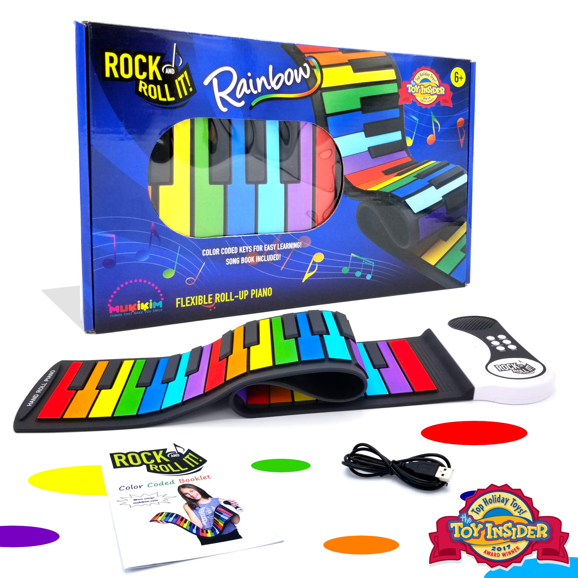 MUKIKIM Rock and Roll It open keyboard with rainbow keys for playful color-guided learning.
