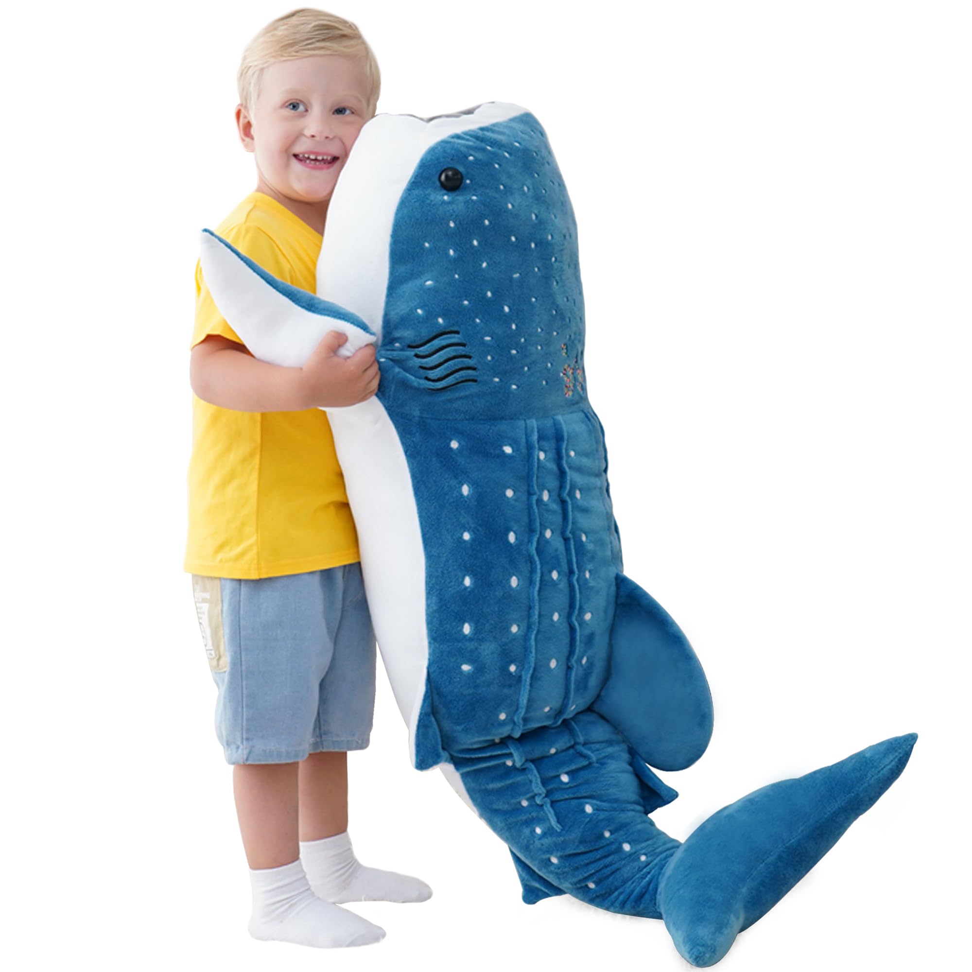 Mukouxun 39-inch whale shark plush face shows soft fabric for cozy play.