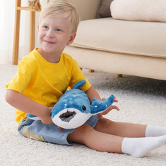Mukouxun whale shark plush as a bed pillow, soft support for nightly rest.