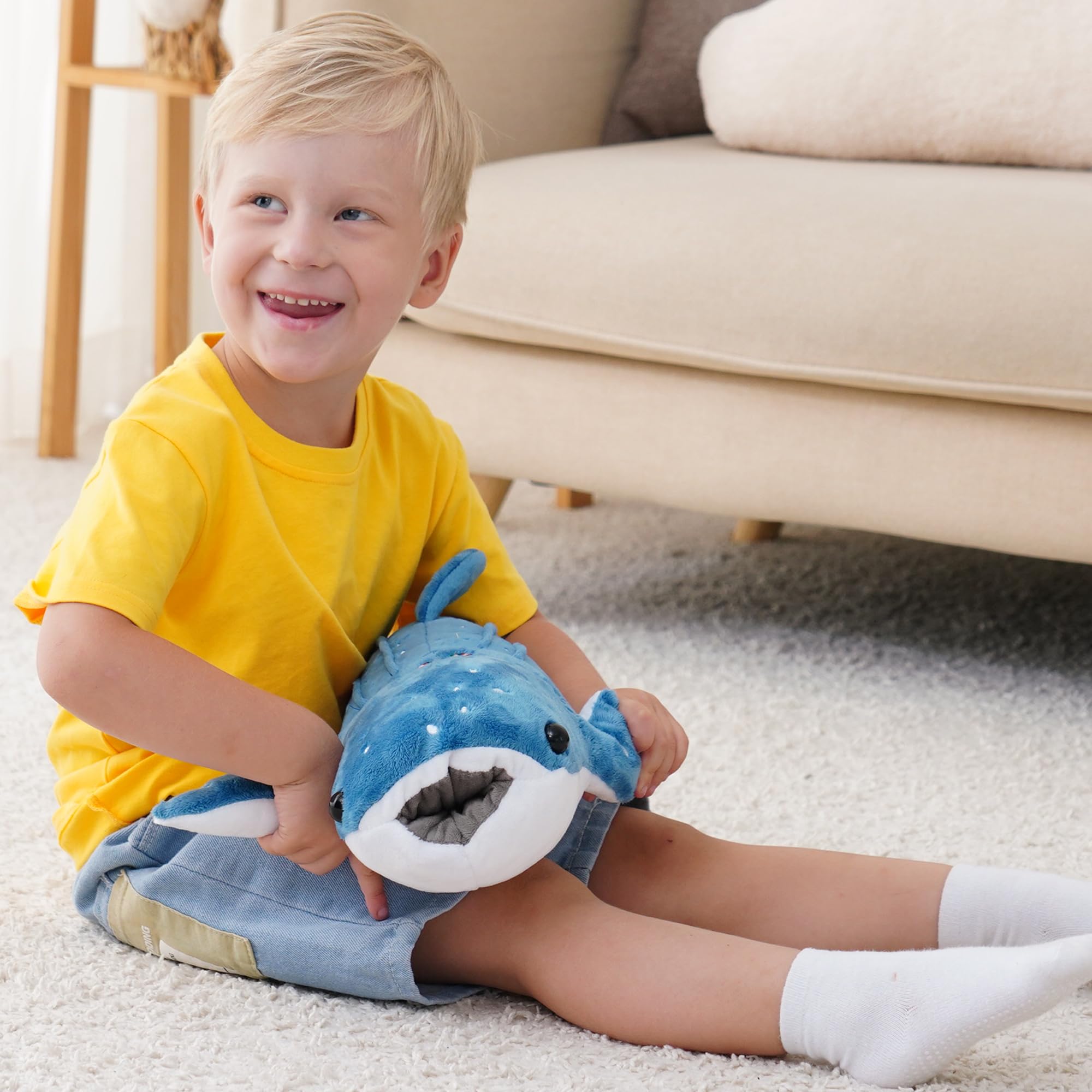 Mukouxun whale shark plush in kid's room decor, adds marine whimsy.