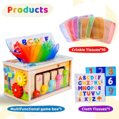 Mummed wooden tissue box enables carrot pull, boosting fine motor control and sensory engagement.