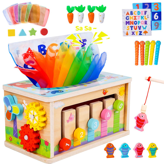 Mummed Montessori wooden tissue box toy with gear clock encourages precise finger movements and problem-solving.