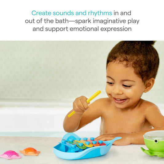 Munchkin Bath Beats octodrum rhythm toy promoting splashy, rhythmic bath time play.
