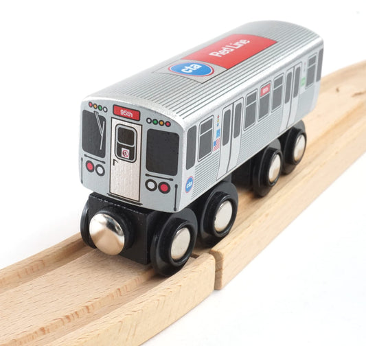 MUNI PALS CTA Red Line wooden train, side view for safe play on standard rail layouts.