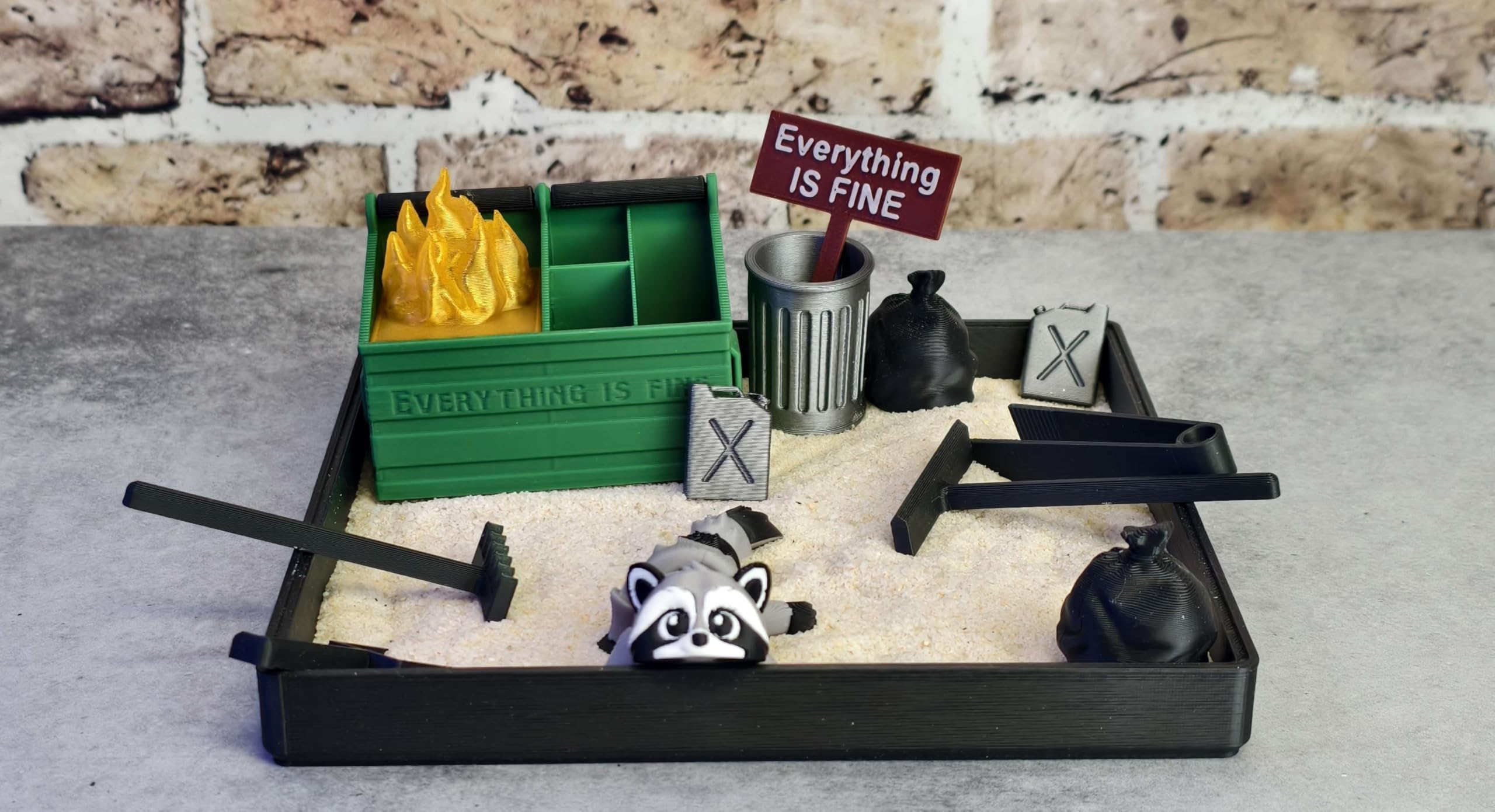 MunnyGrubbers Dumpster Fire Zen Garden base offers a spacious 7x7 desk surface.