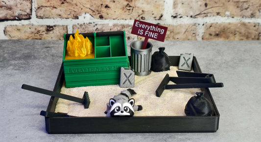 MunnyGrubbers Dumpster Fire Zen Garden base offers a spacious 7x7 desk surface.