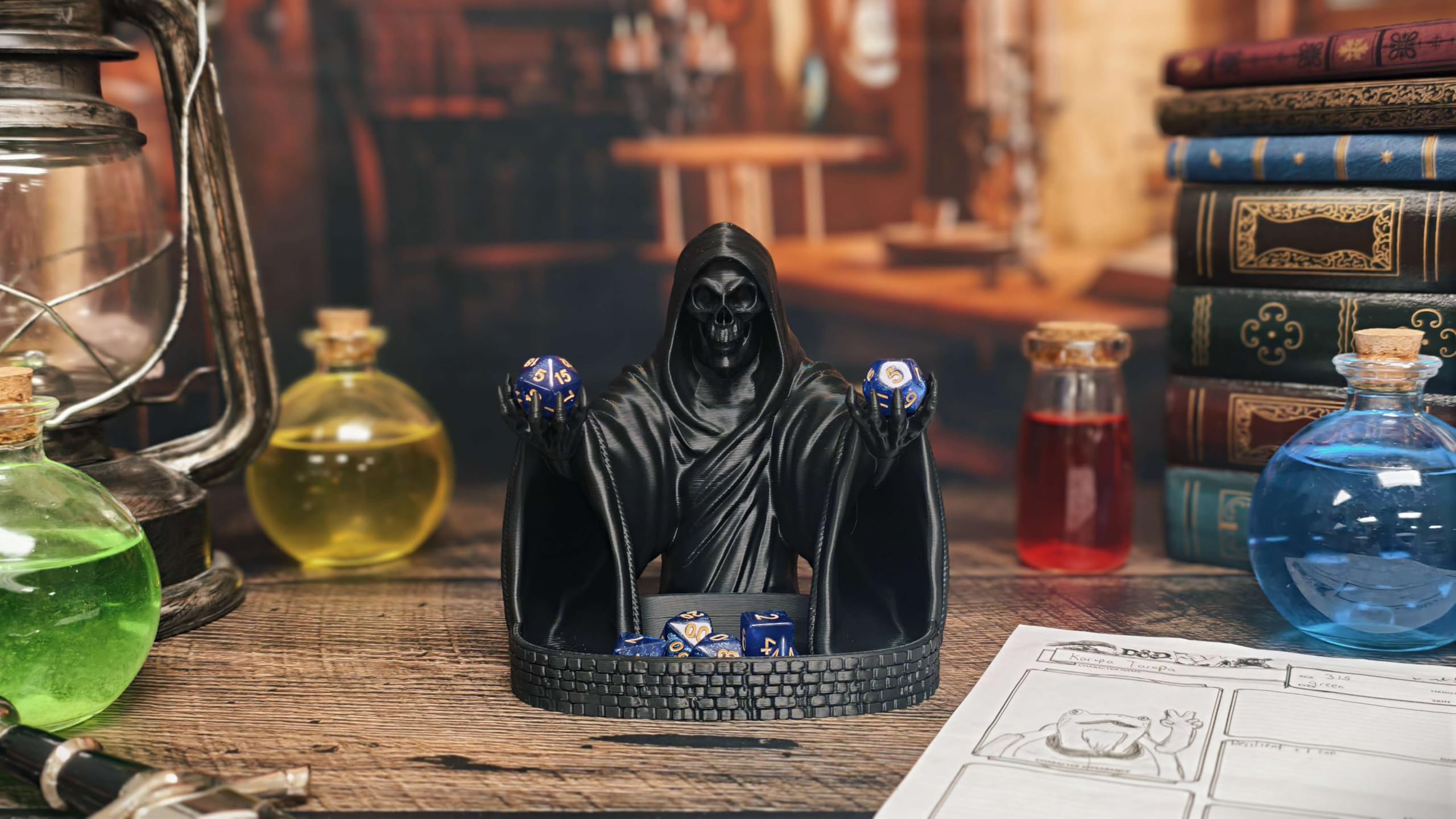 MunnyGrubbers Grim Reaper dice tower showing an open landing tray for easy retrieval.