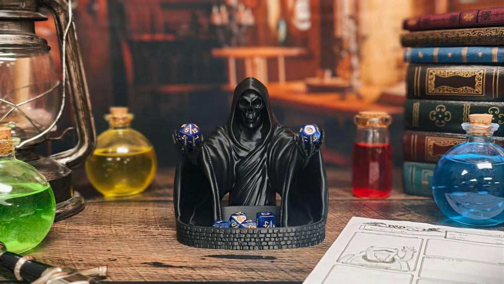 MunnyGrubbers Grim Reaper dice tower showing an open landing tray for easy retrieval.