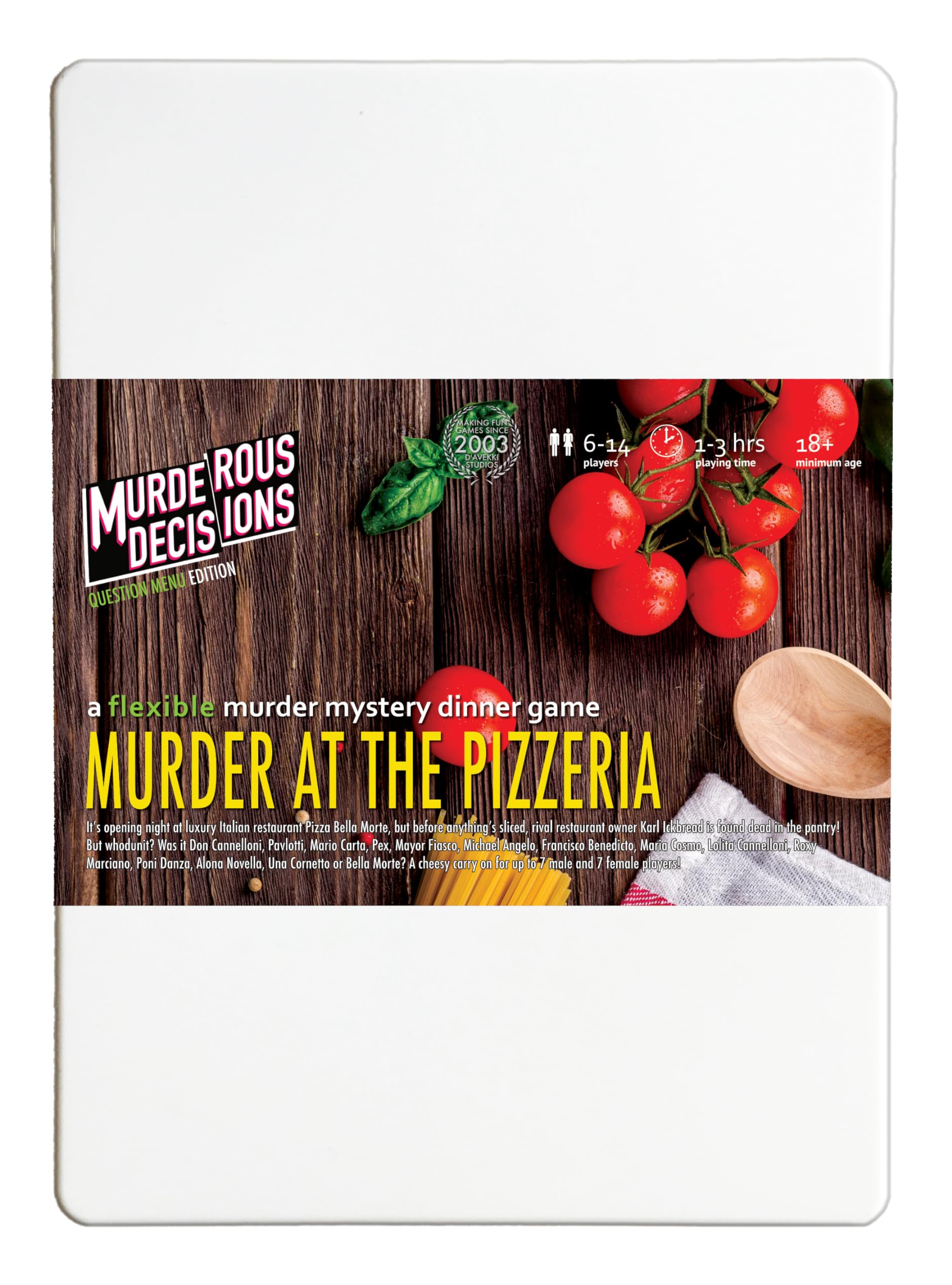 Murder at The Pizzeria package: versatile party game for 6-14 players