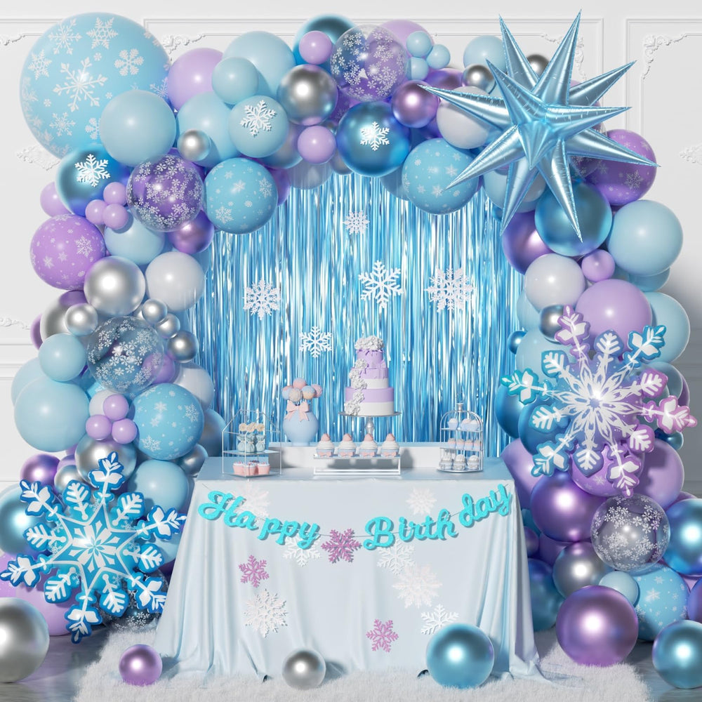 Murdizzo frozen balloon arch kit creates a winter wonderland backdrop.