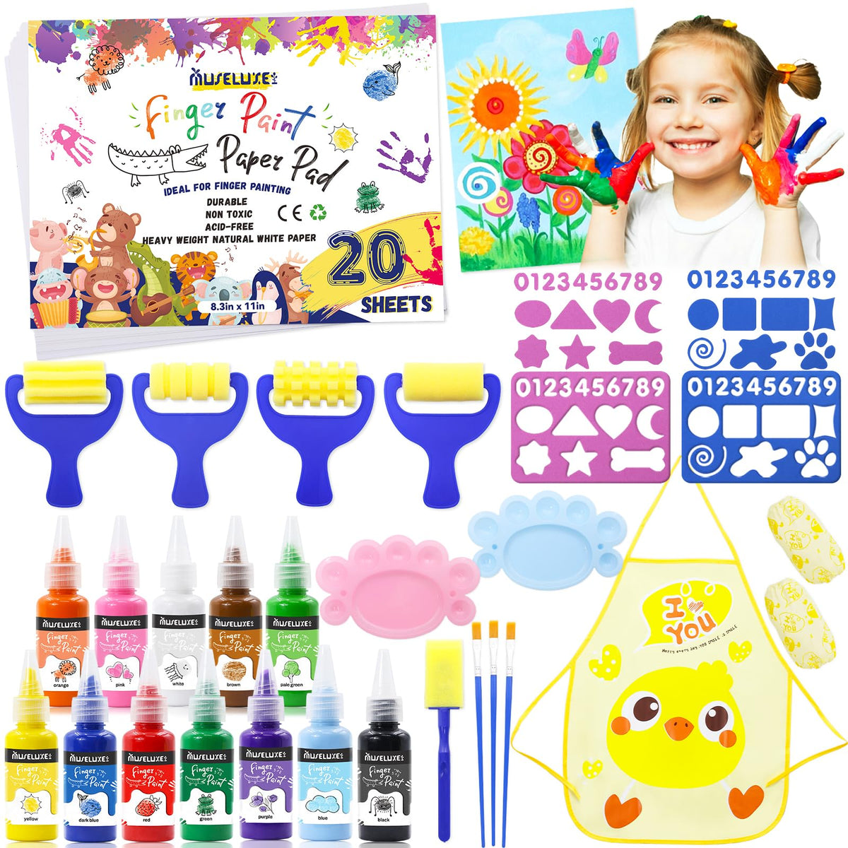 MuseLuxe 45pcs finger paint kit set with vibrant colors for mess-free creativity.