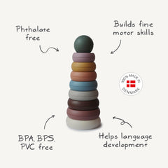 Mushie Danish Hygge design stacking rings for stylish nursery decor and tactile play.