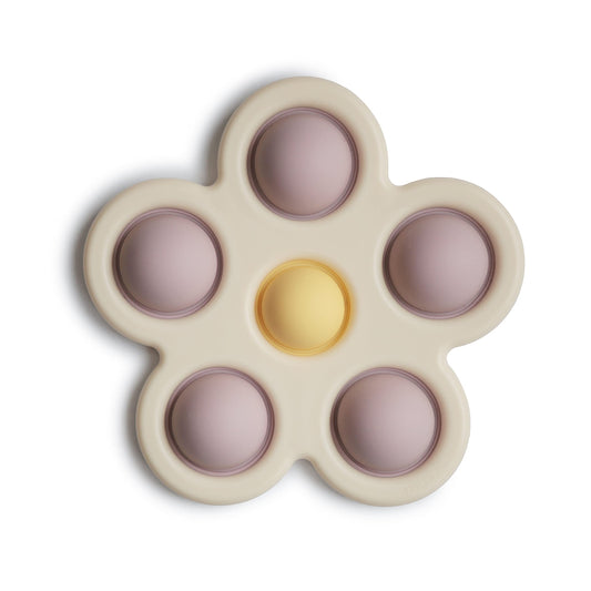 Mushie Flower Press Toy soft lilac bubble closeup for sensory exploration