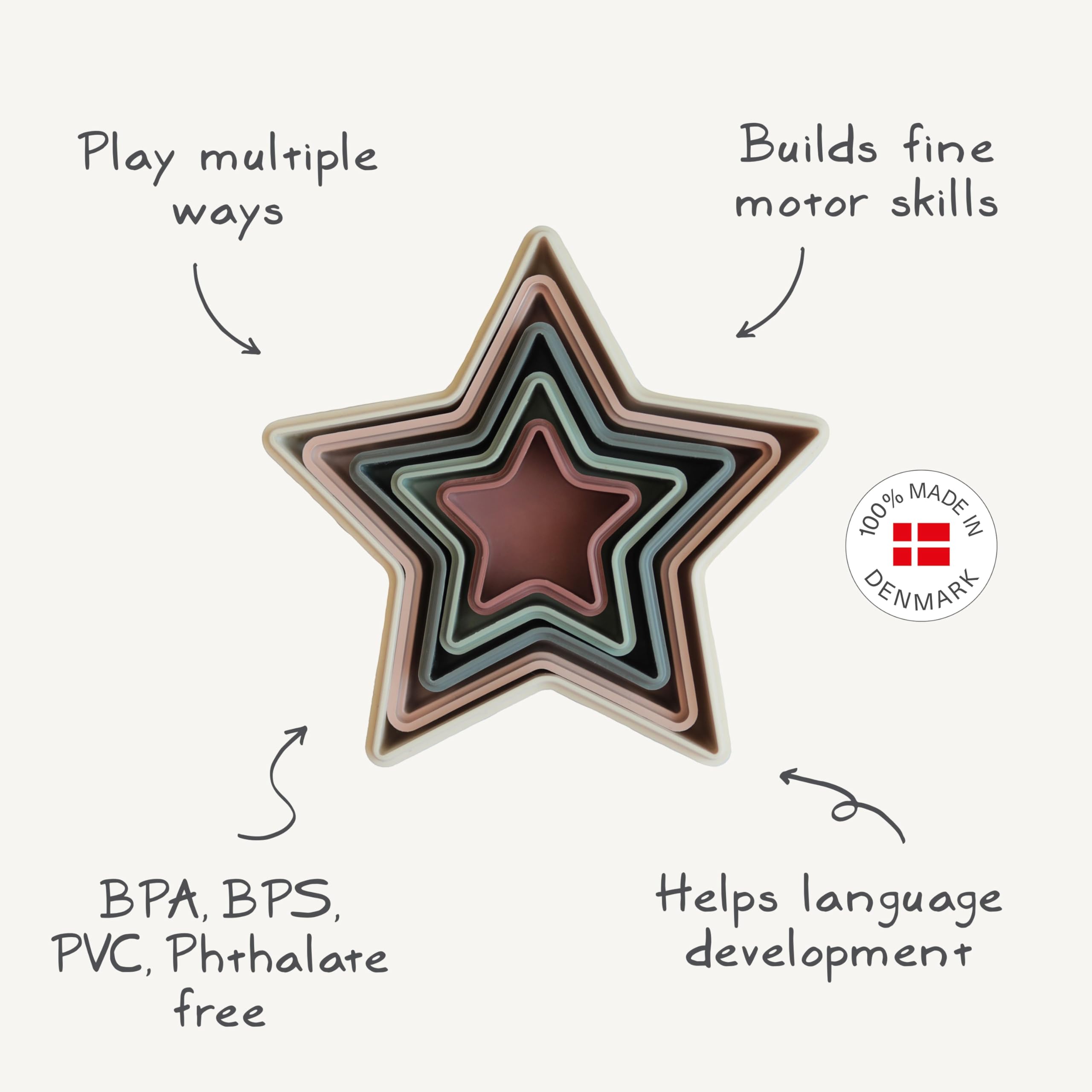 Mushie Nesting Stars made in Denmark with non-toxic materials